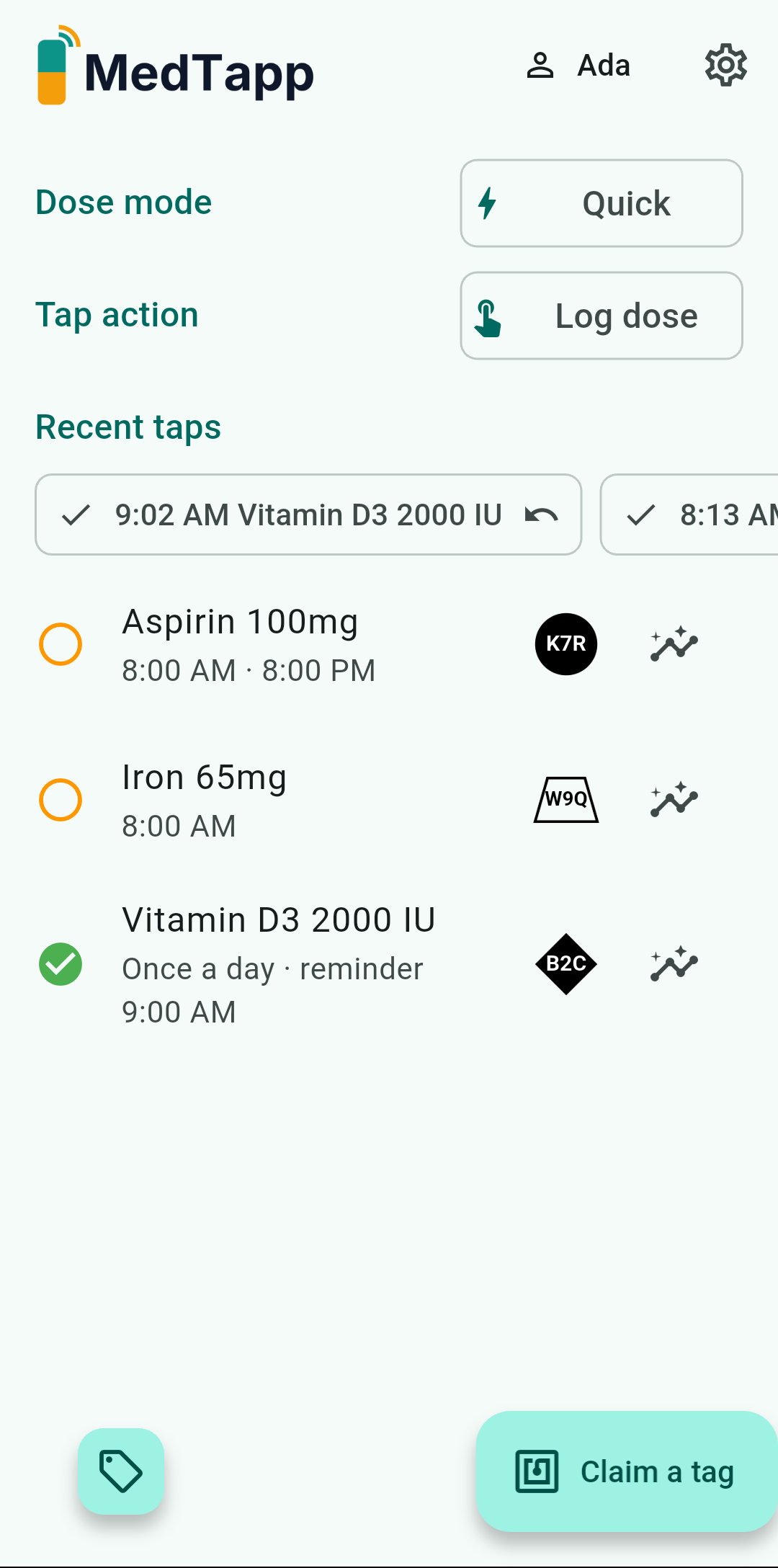 Home screen — Dose mode and Tap action toggles