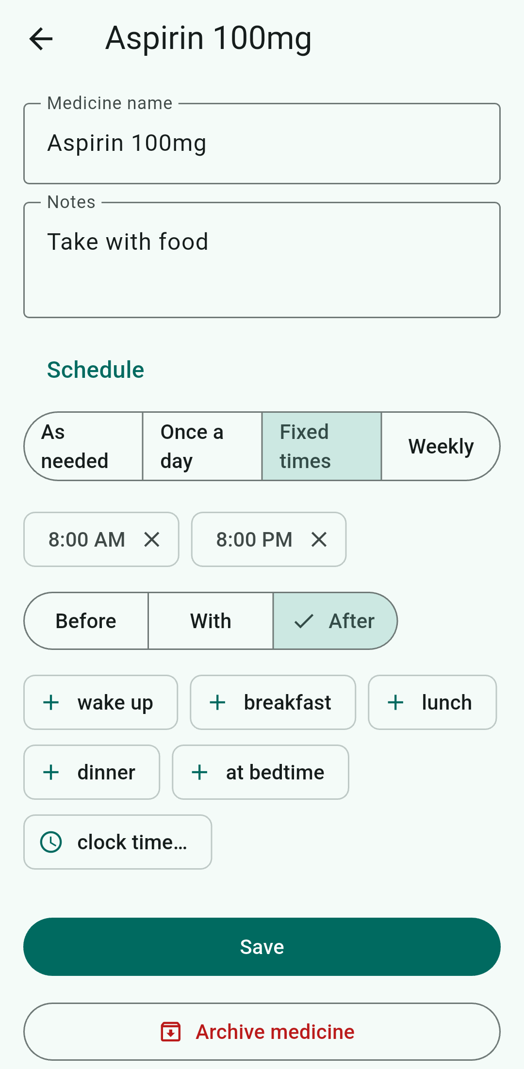 Medicine detail — schedule, notes, tag assignment, and recent history
