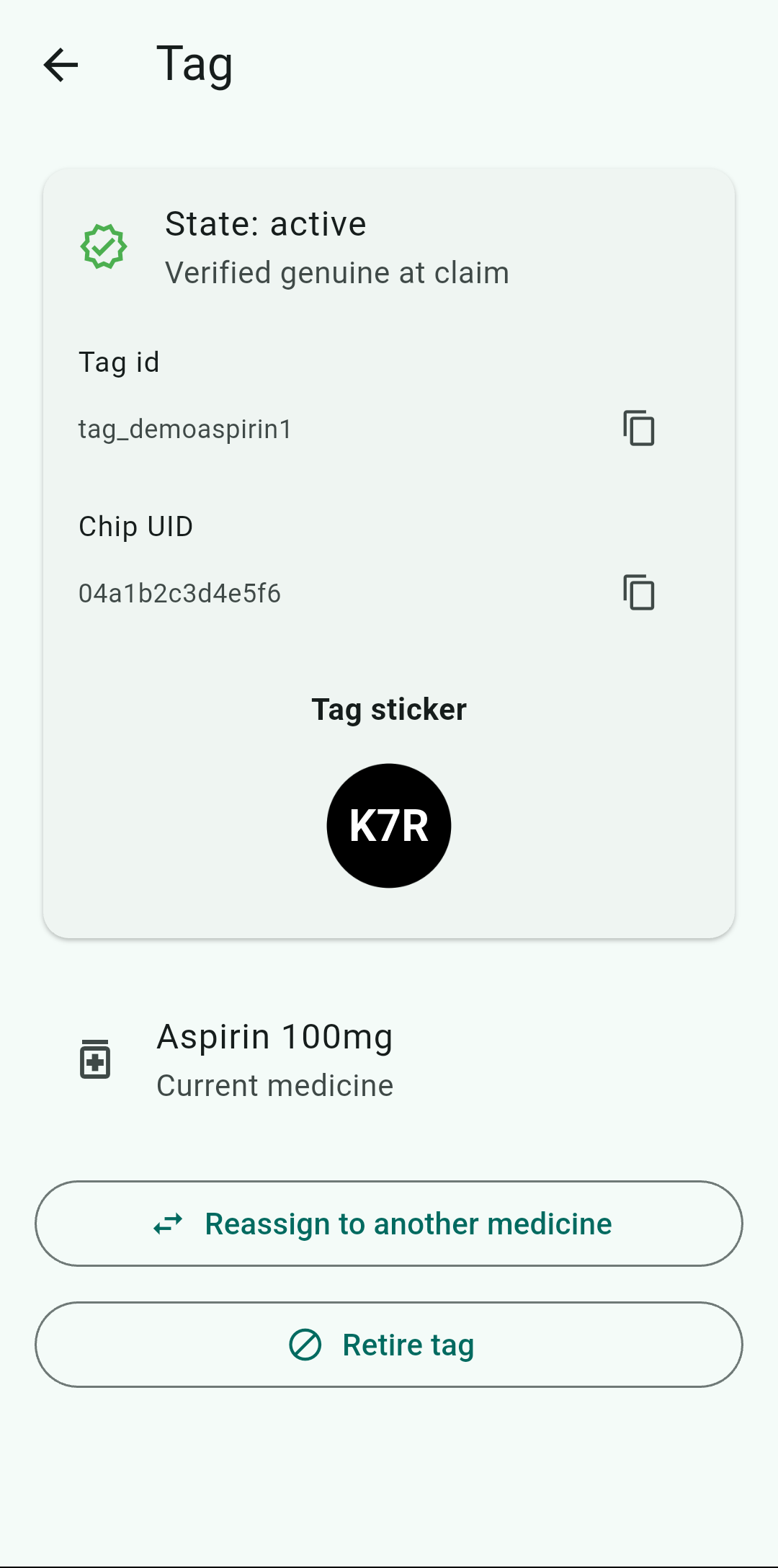 Tag detail — visual symbol, assigned medicine, reassign and retire options