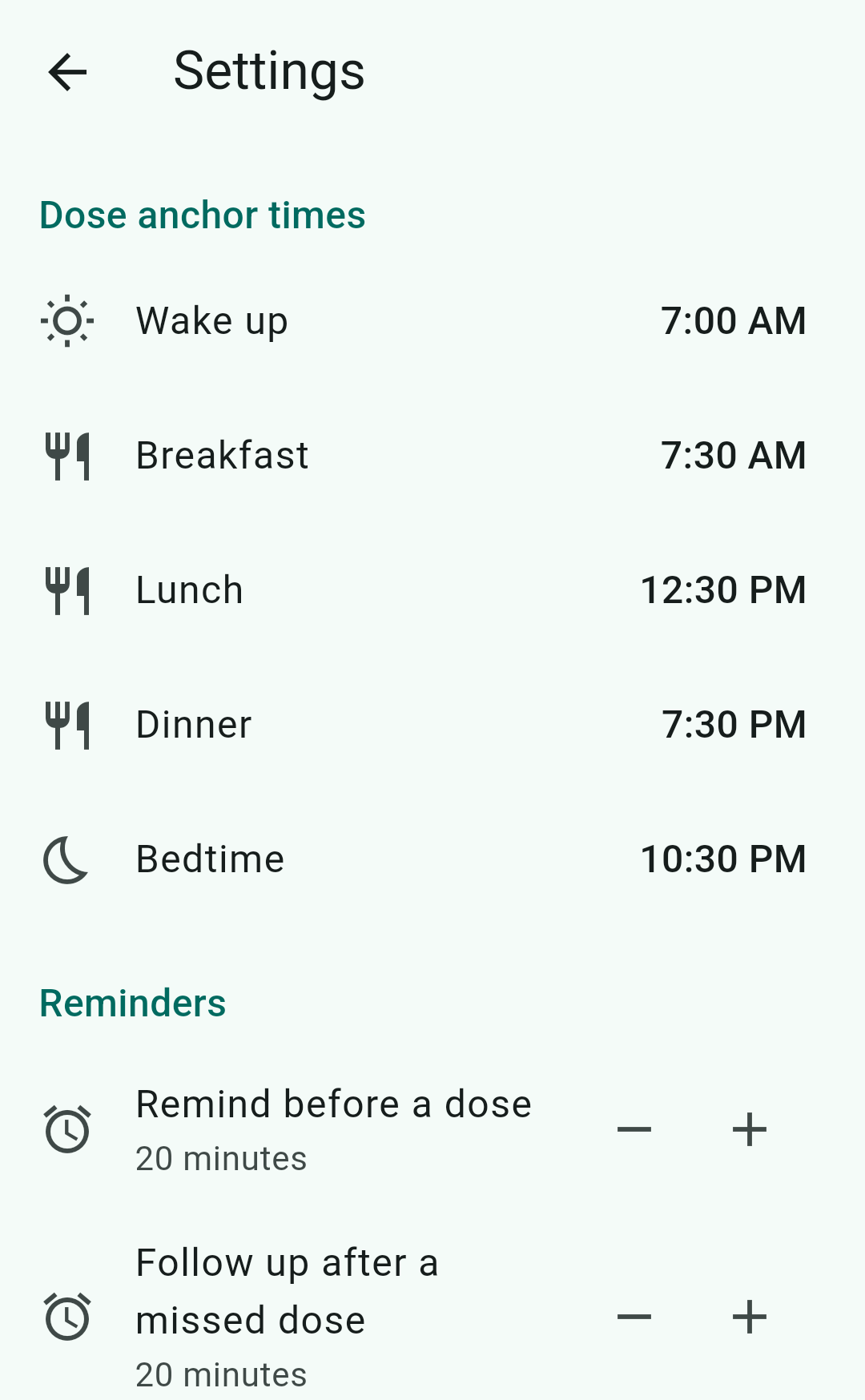 Settings — dose anchor times and reminder offsets