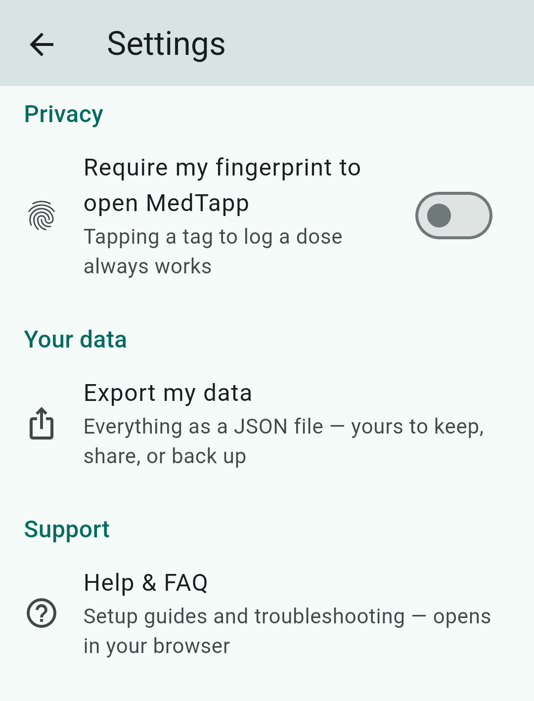 Settings — privacy, export, help, and support