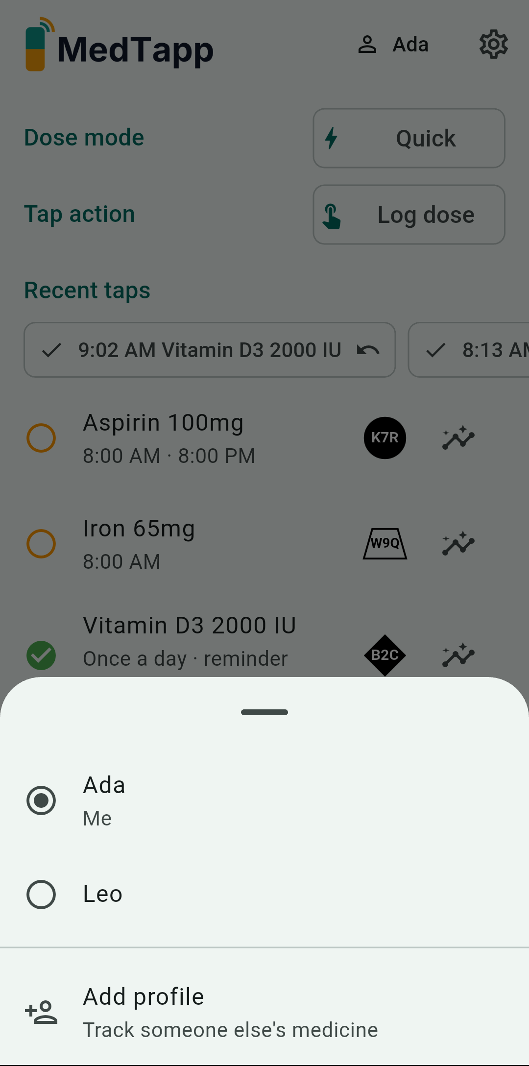 Profile switcher — switch between profiles or add a new one